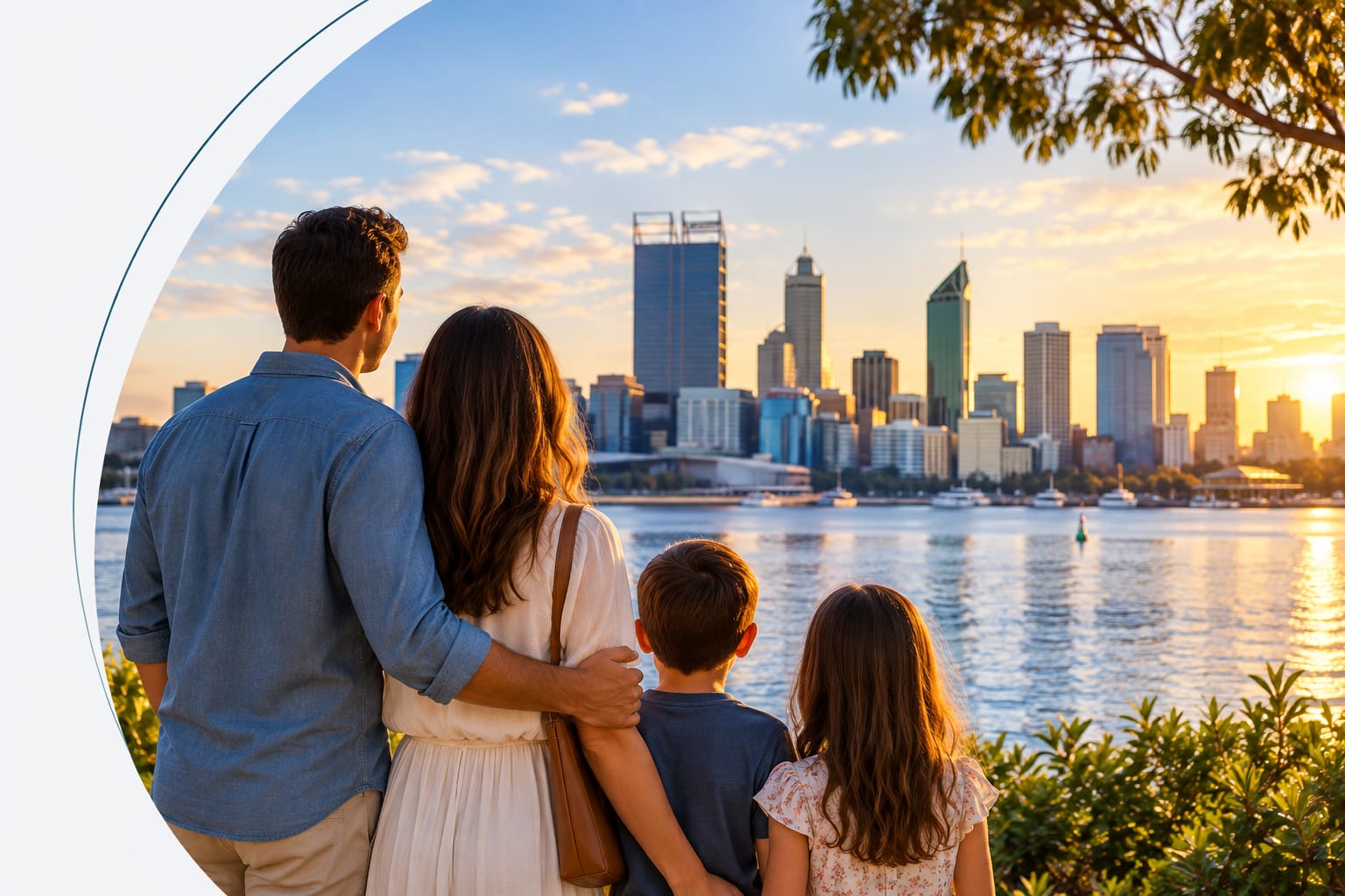 A family looking out over the Perth skyline across the Swan River